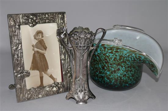 An Art Nouveau frame, vase & glass vase